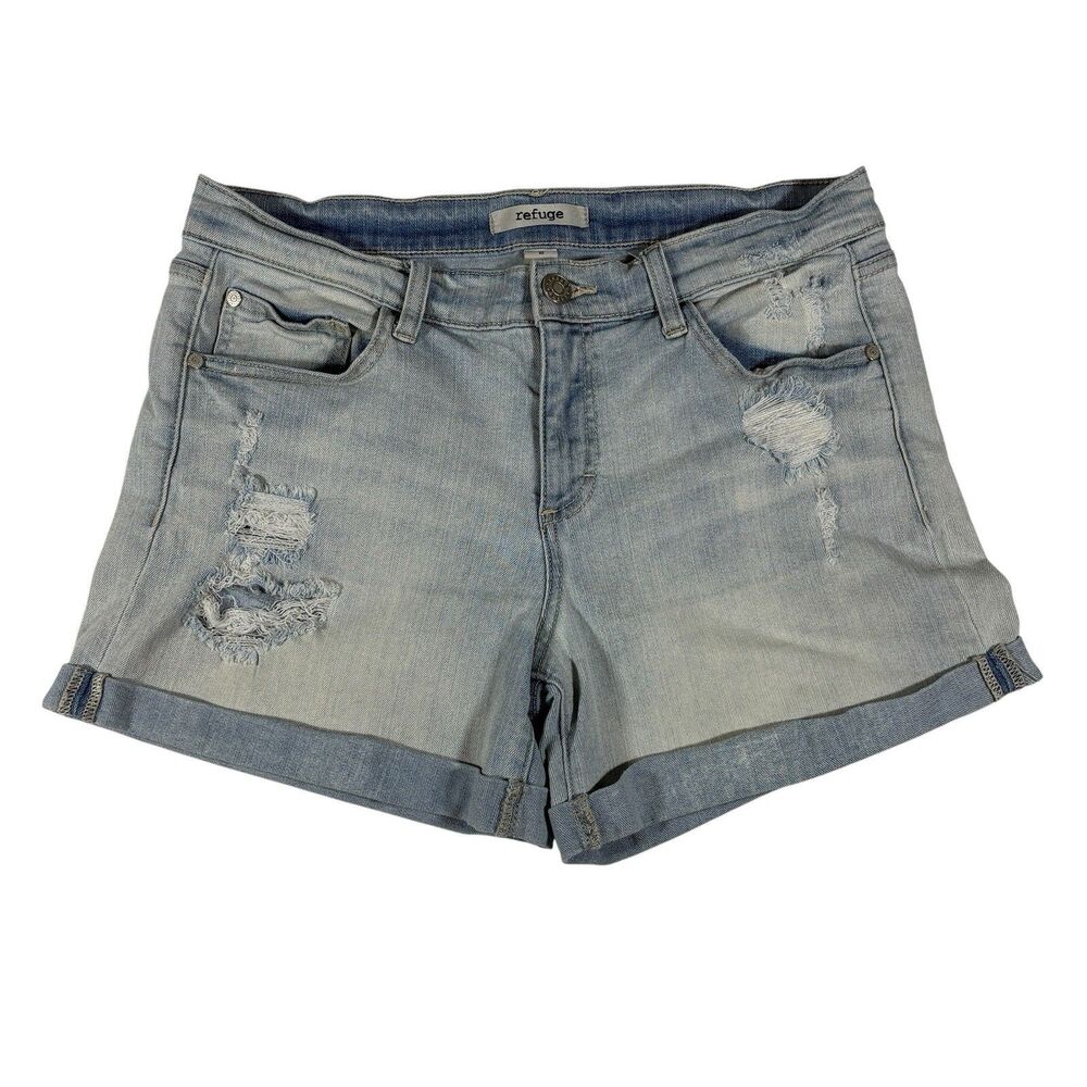 Refuge Women’s Size 10 Distressed Denim Shorts Light Wash Cuffed Stretch